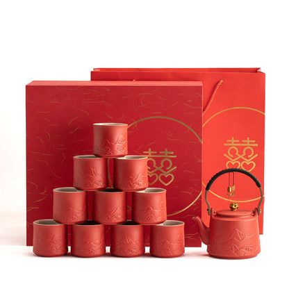 Wedding Tea Set Red Ceramic – Mountain Relief 10 Cups & Tray