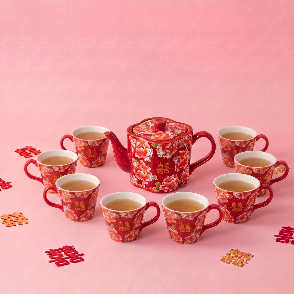 Chinese Wedding Tea Set Peony Double Happiness 9-Piece