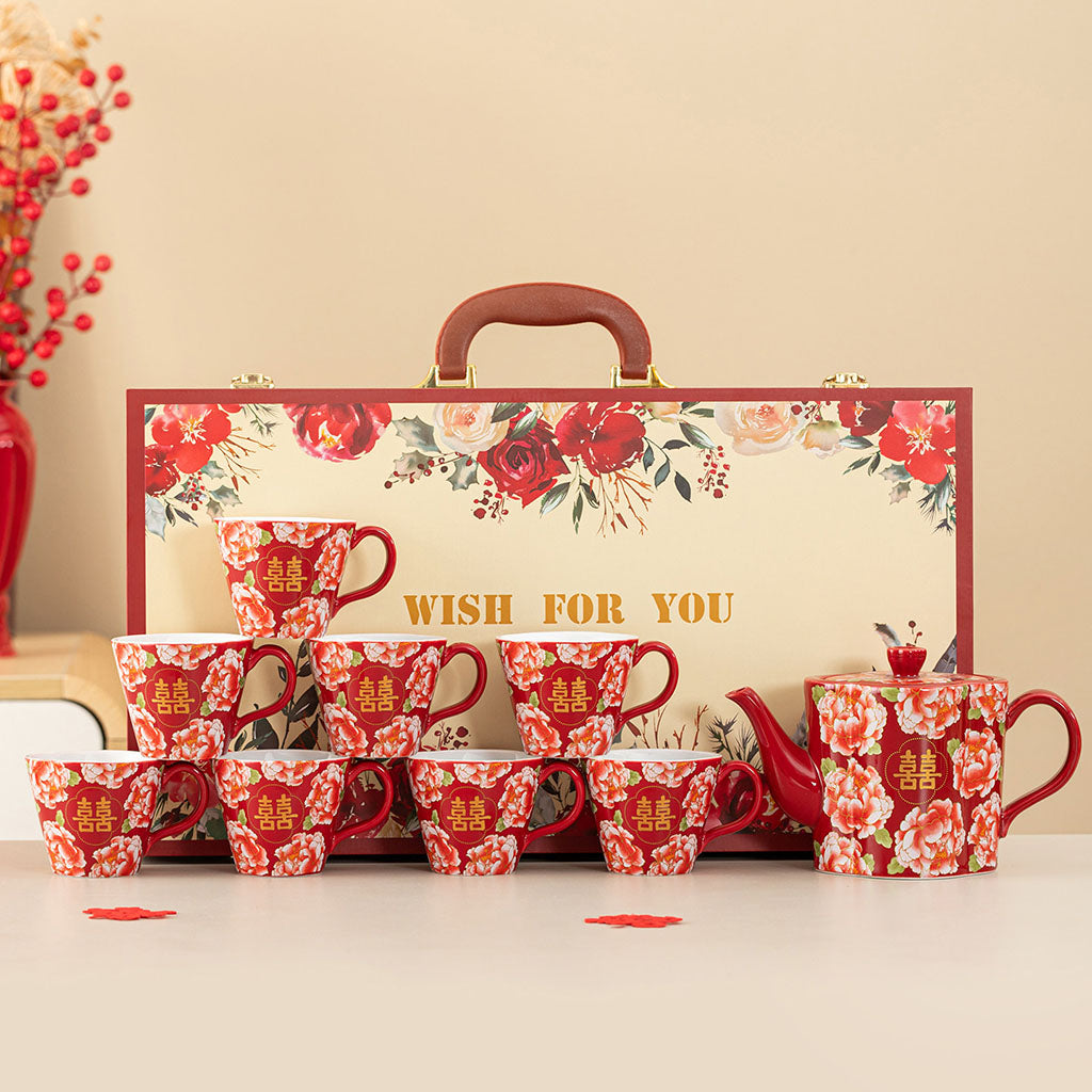 Chinese Wedding Tea Set Peony Double Happiness 9-Piece