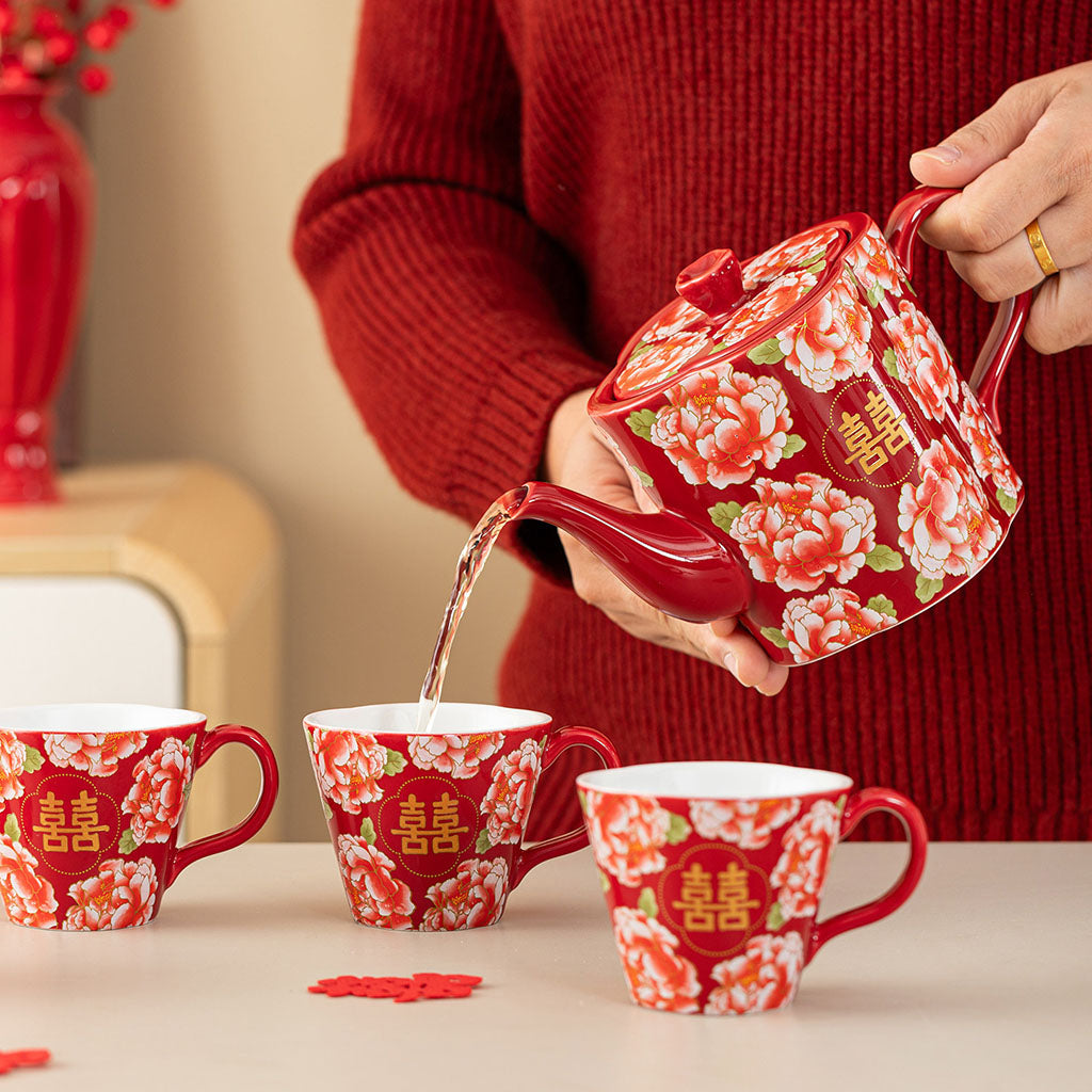 Chinese Wedding Tea Set Peony Double Happiness 9-Piece