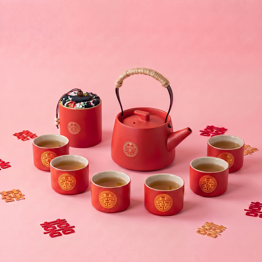 Wedding Tea Set Double Happiness Ceramic, 9-Piece Gift
