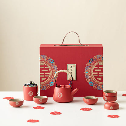 Wedding Tea Set Double Happiness Ceramic, 9-Piece Gift