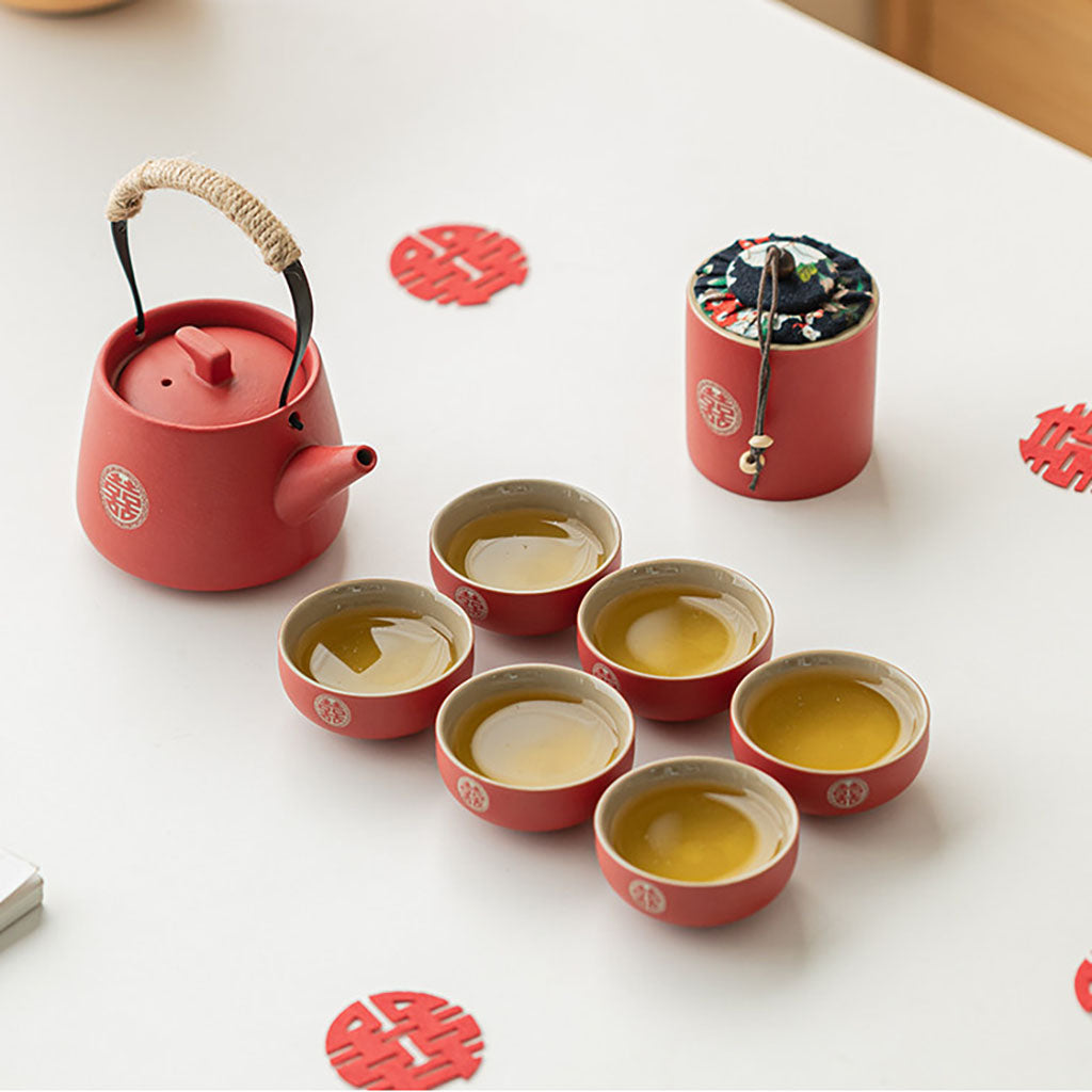 Wedding Tea Set Double Happiness Ceramic, 9-Piece Gift