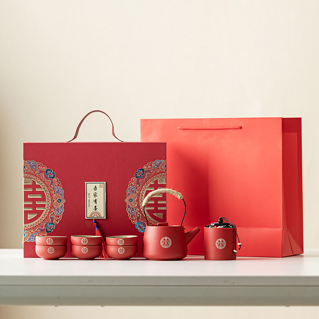 Wedding Tea Set Double Happiness Ceramic, 9-Piece Gift