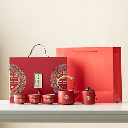 Wedding Tea Set Double Happiness Ceramic, 9-Piece Gift