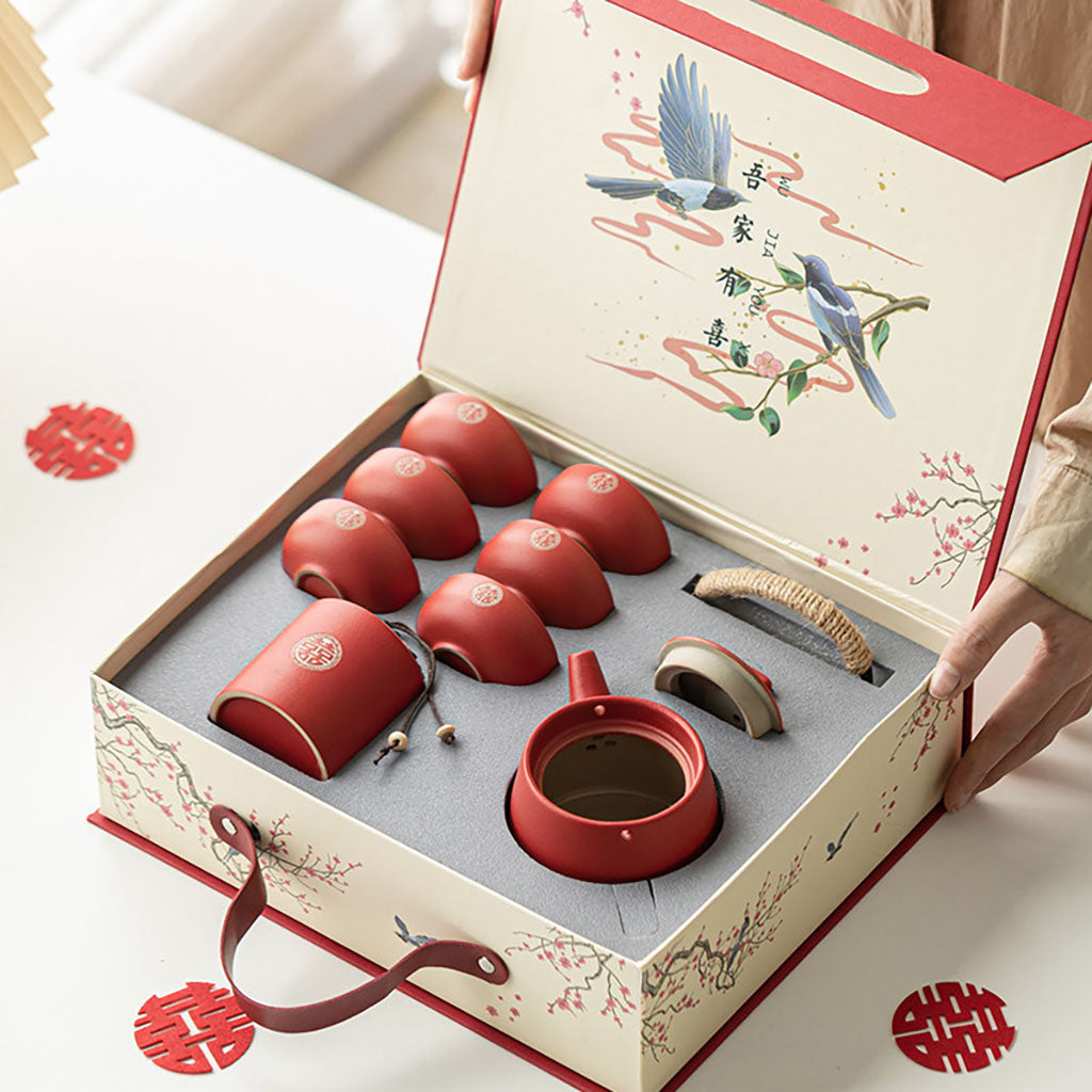 Wedding Tea Set Double Happiness Ceramic, 9-Piece Gift