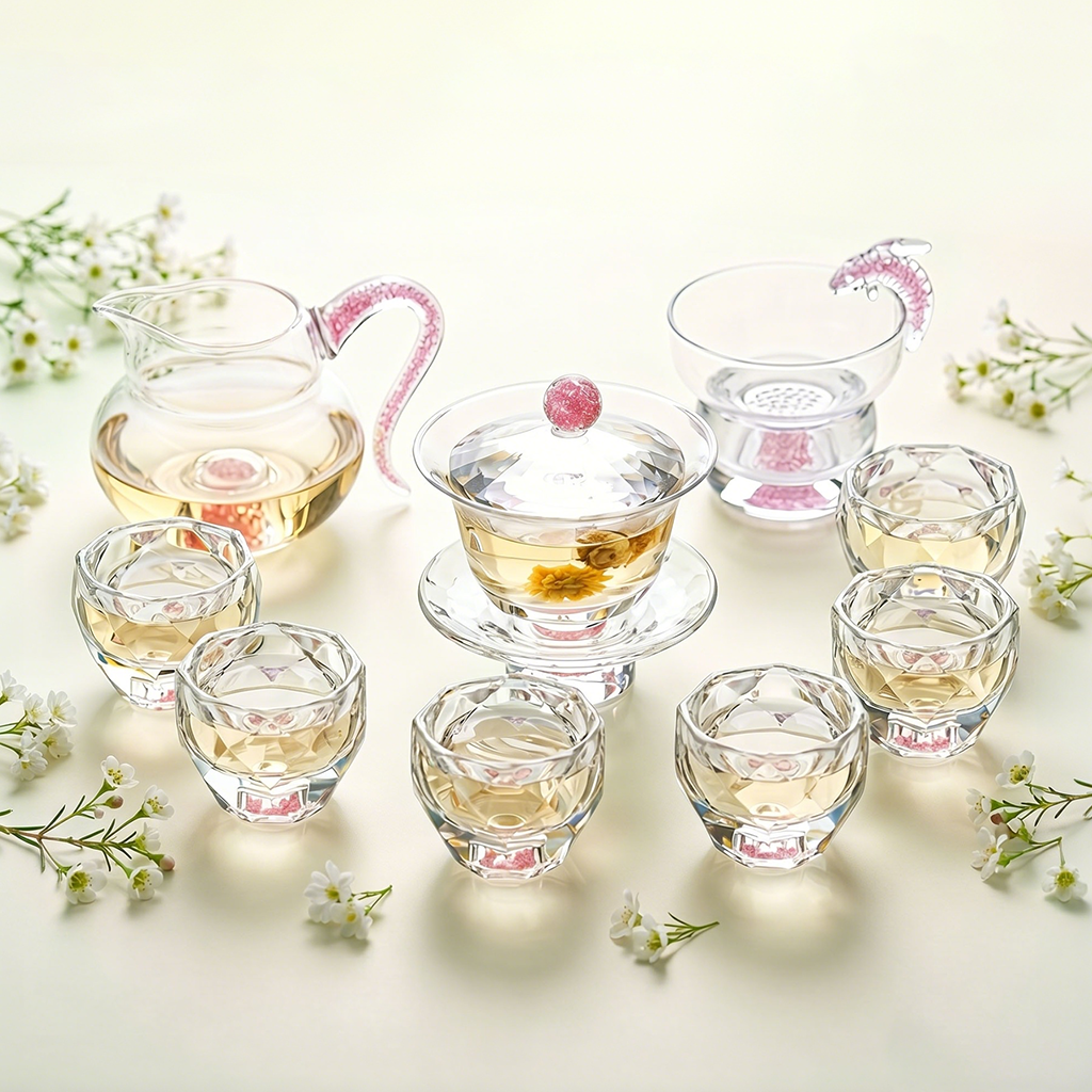 Crystal Glass Tea Set Pink Diamond Cut Gaiwan 6 Cups Fair Cup