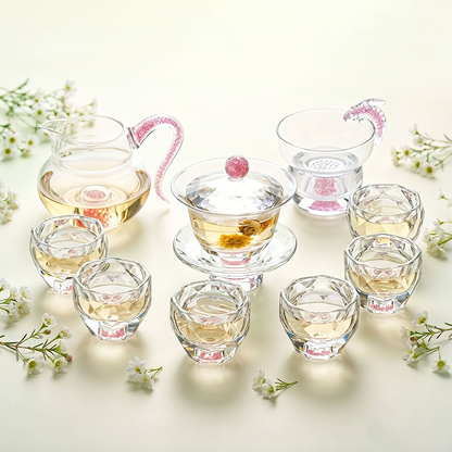 Crystal Glass Tea Set Pink Diamond Cut Gaiwan 6 Cups Fair Cup