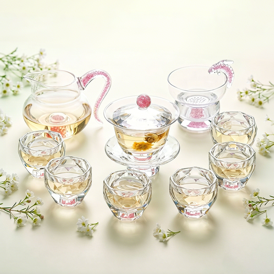 Crystal Glass Tea Set Pink Diamond Cut Gaiwan 6 Cups Fair Cup
