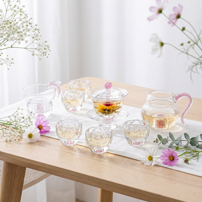 Crystal Glass Tea Set Pink Diamond Cut Gaiwan 6 Cups Fair Cup