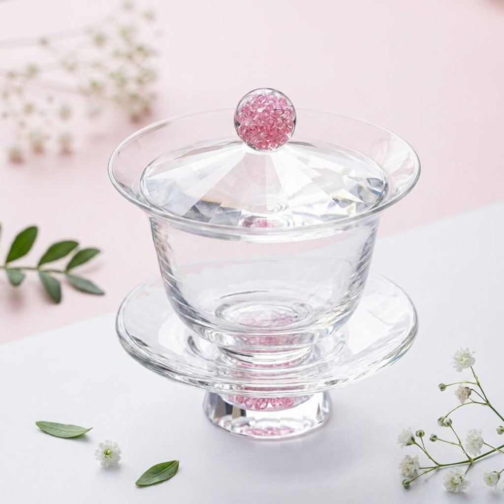 Crystal Glass Tea Set Pink Diamond Cut Gaiwan 6 Cups Fair Cup