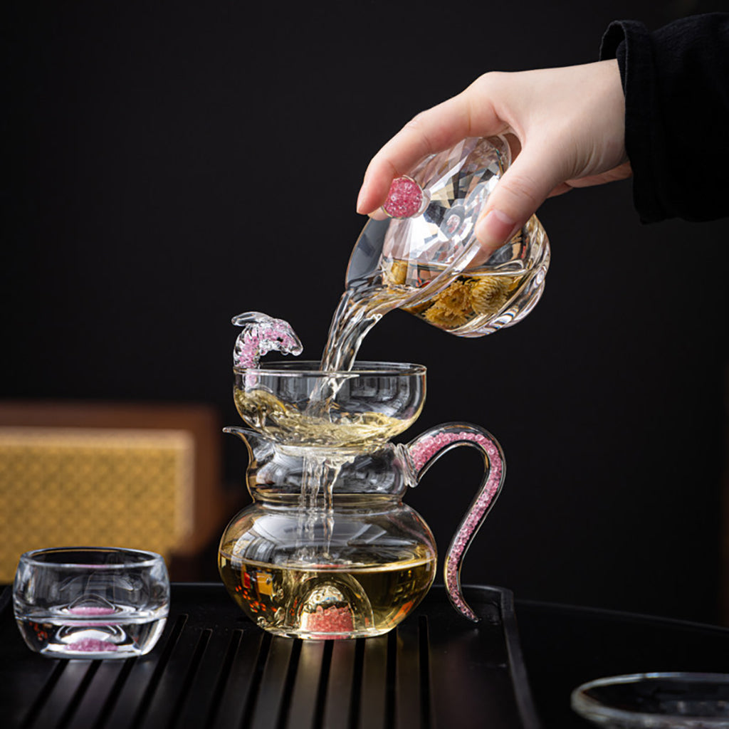 Crystal Glass Tea Set Pink Diamond Cut Gaiwan 6 Cups Fair Cup