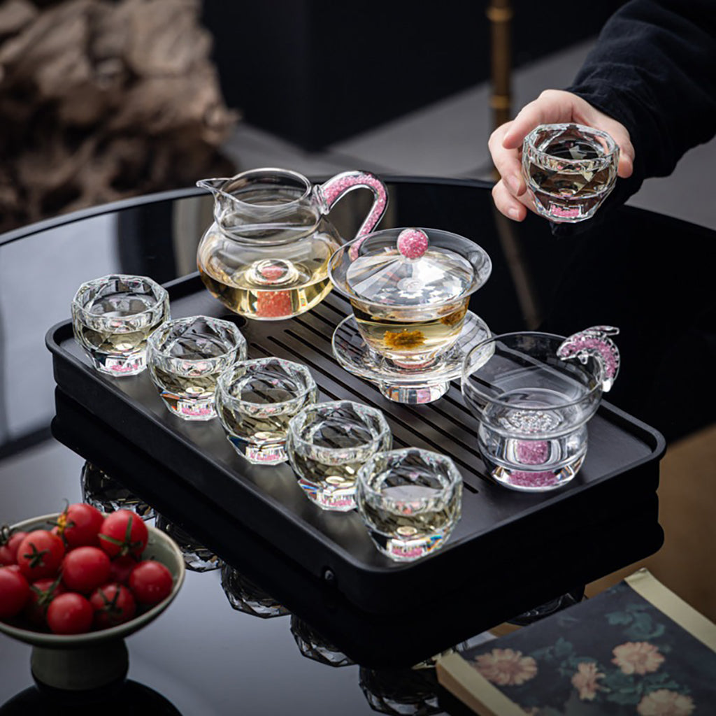 Crystal Glass Tea Set Pink Diamond Cut Gaiwan 6 Cups Fair Cup