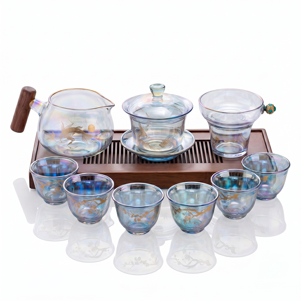 Iridescent Glass Gaiwan Tea Set Plum Crane 6 Cups