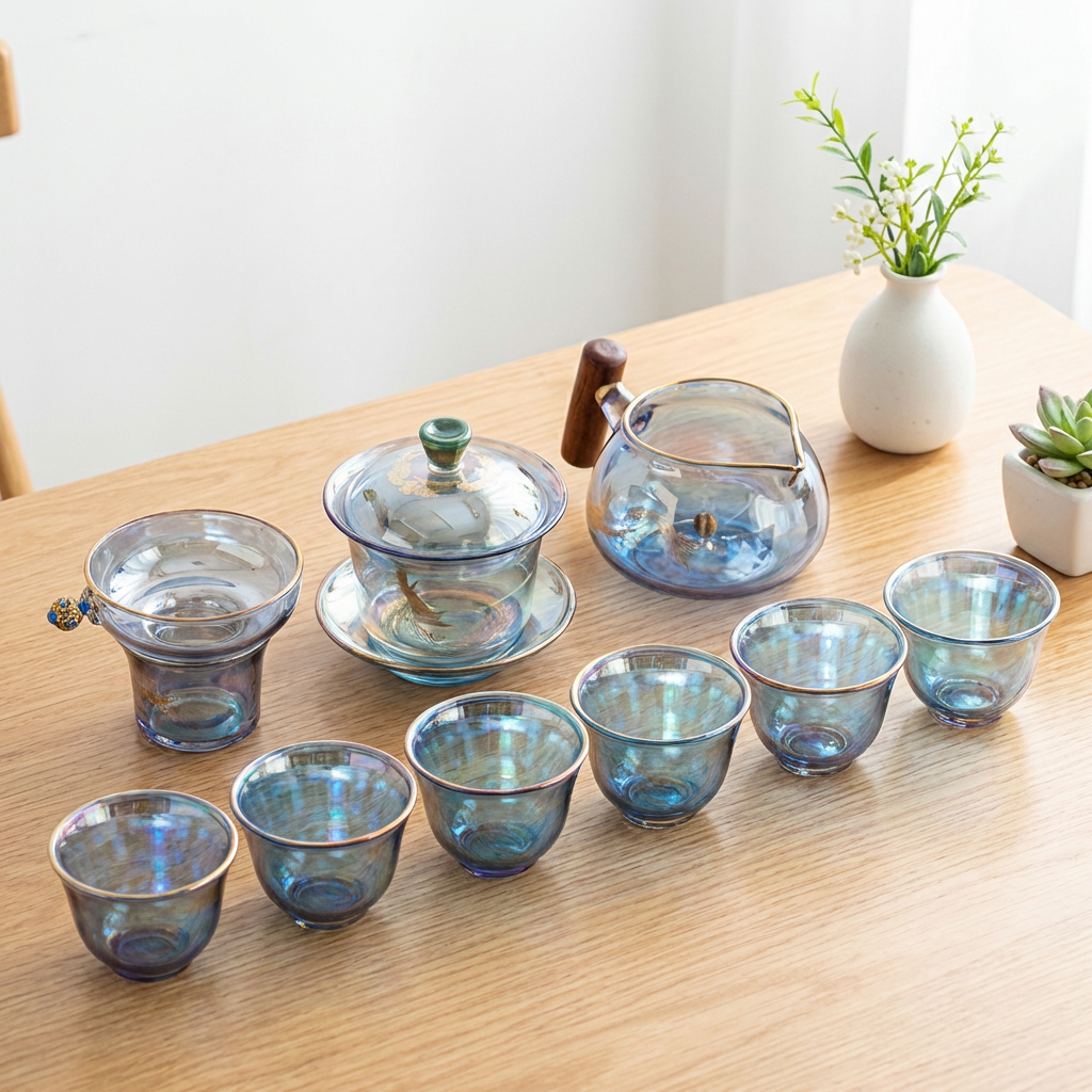 Iridescent Glass Gaiwan Tea Set Plum Crane 6 Cups