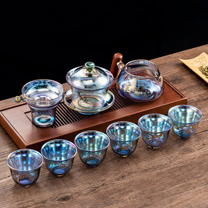Iridescent Glass Gaiwan Tea Set Plum Crane 6 Cups