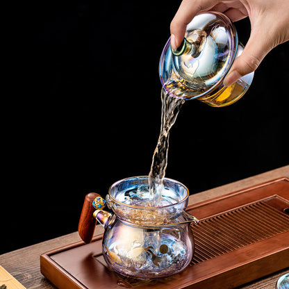 Iridescent Glass Gaiwan Tea Set Plum Crane 6 Cups