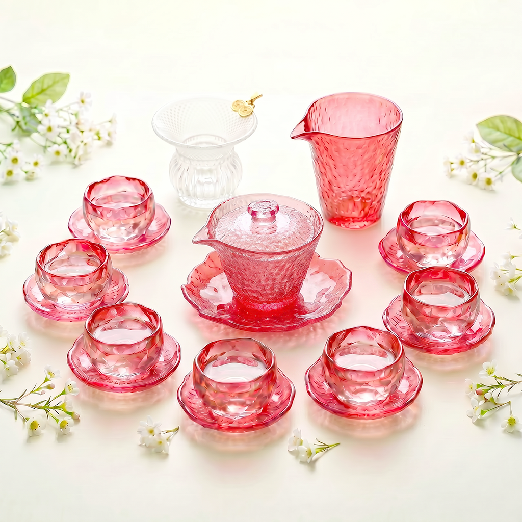 Glass Tea Set Pink Ice Crystal Gaiwan 8 Cups Saucers Fair Cup