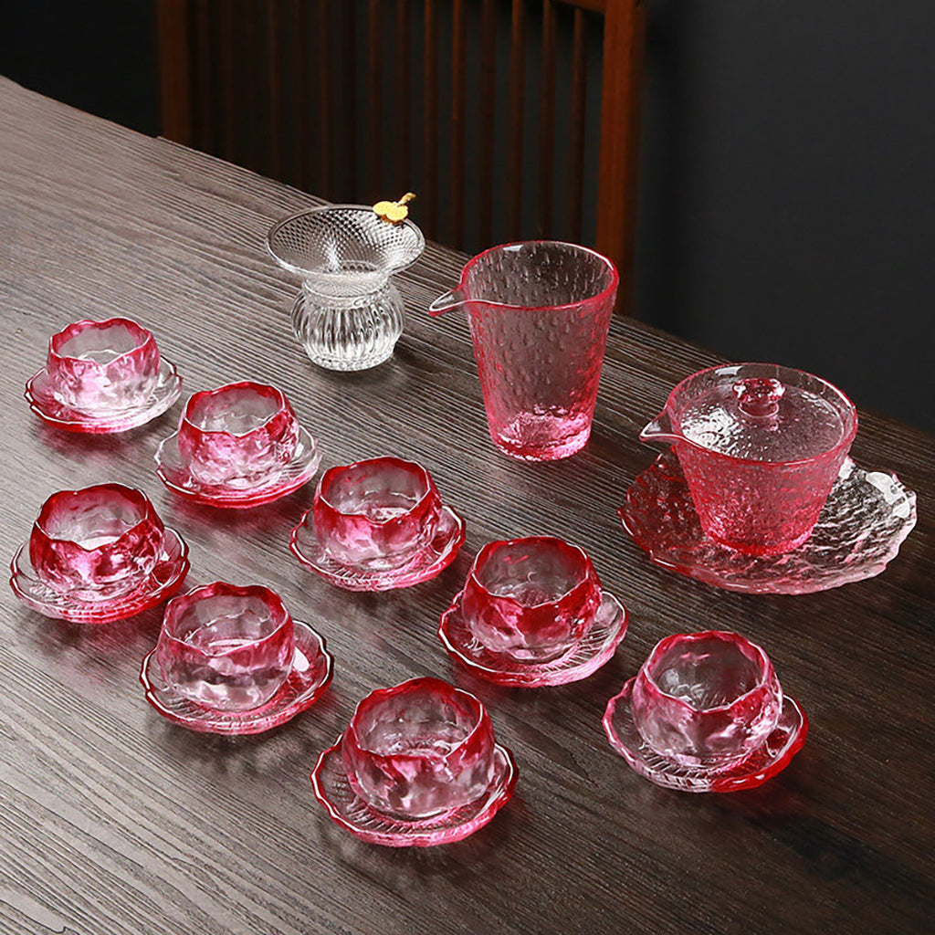 Glass Tea Set Pink Ice Crystal Gaiwan 8 Cups Saucers Fair Cup