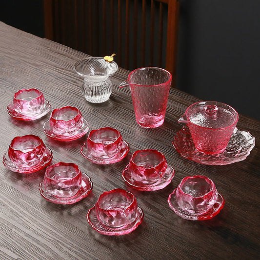 Glass Tea Set Pink Ice Crystal Gaiwan 8 Cups Saucers Fair Cup