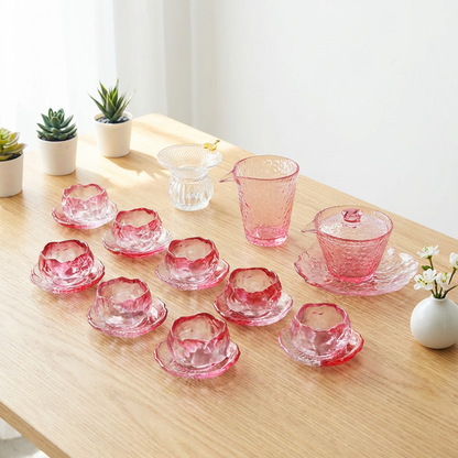 Glass Tea Set Pink Ice Crystal Gaiwan 8 Cups Saucers Fair Cup
