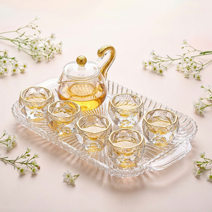 Crystal Glass Tea Set with Gold Foil & Diamond Cups