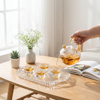 Crystal Glass Tea Set with Gold Foil & Diamond Cups