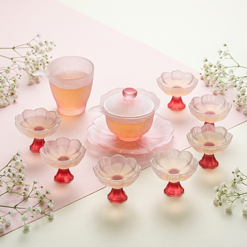 Glass Tea Set Pink Lotus Gaiwan 6 Cups Fair Cup Crystal