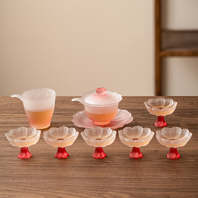 Glass Tea Set Pink Lotus Gaiwan 6 Cups Fair Cup Crystal