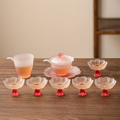 Glass Tea Set Pink Lotus Gaiwan 6 Cups Fair Cup Crystal