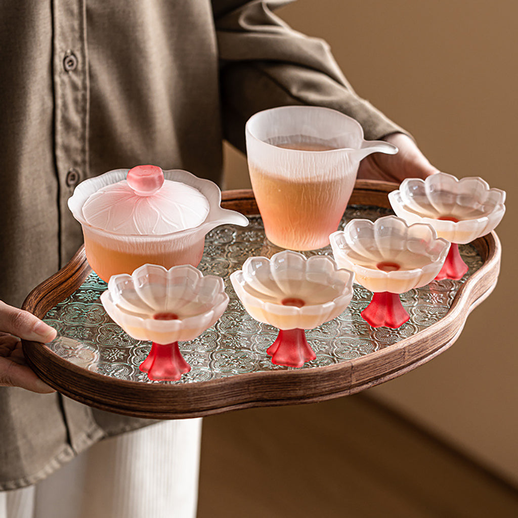 Glass Tea Set Pink Lotus Gaiwan 6 Cups Fair Cup Crystal