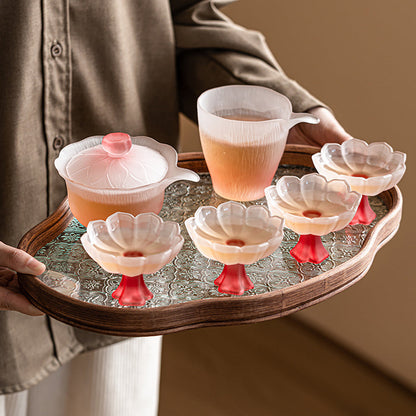 Glass Tea Set Pink Lotus Gaiwan 6 Cups Fair Cup Crystal
