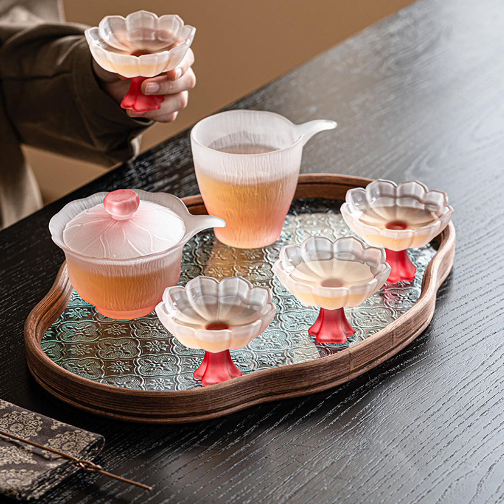 Glass Tea Set Pink Lotus Gaiwan 6 Cups Fair Cup Crystal
