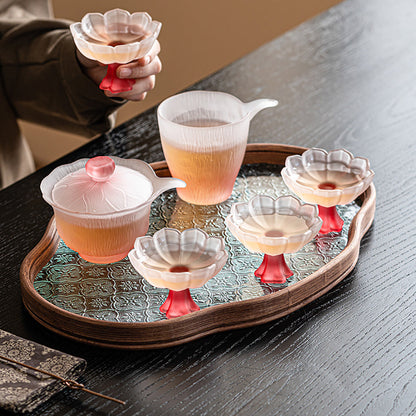 Glass Tea Set Pink Lotus Gaiwan 6 Cups Fair Cup Crystal