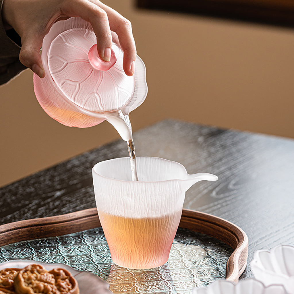 Glass Tea Set Pink Lotus Gaiwan 6 Cups Fair Cup Crystal
