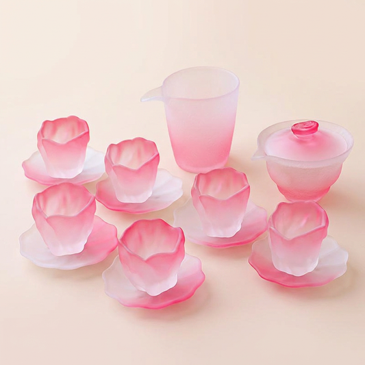 Cherry Blossom Glass Tea Set 9pc | Pink Flower Gaiwan Set