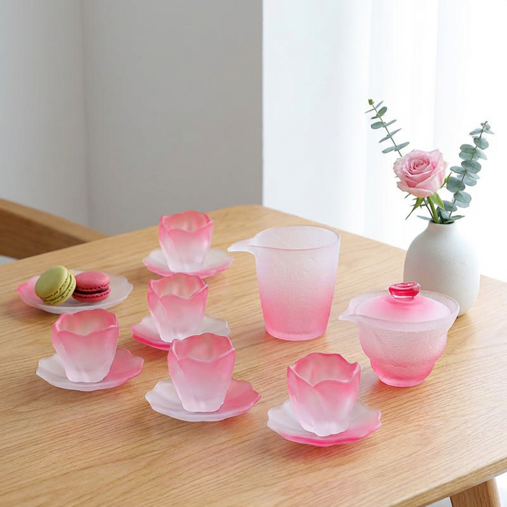 Cherry Blossom Glass Tea Set 9pc | Pink Flower Gaiwan Set