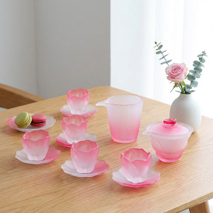 Cherry Blossom Glass Tea Set 9pc | Pink Flower Gaiwan Set