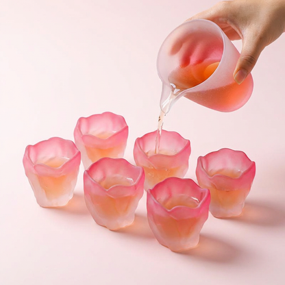 Cherry Blossom Glass Tea Set 9pc | Pink Flower Gaiwan Set