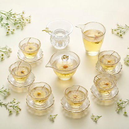 Glass Tea Set Borosilicate Gaiwan 6 Cups Ice Texture Plum Gold