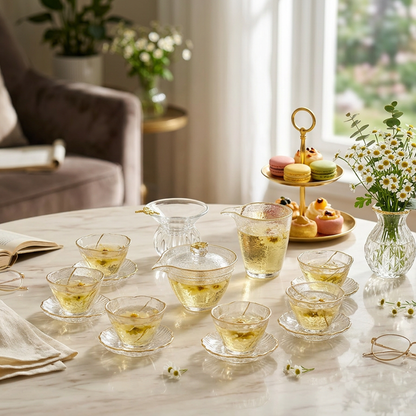 Glass Tea Set Borosilicate Gaiwan 6 Cups Ice Texture Plum Gold