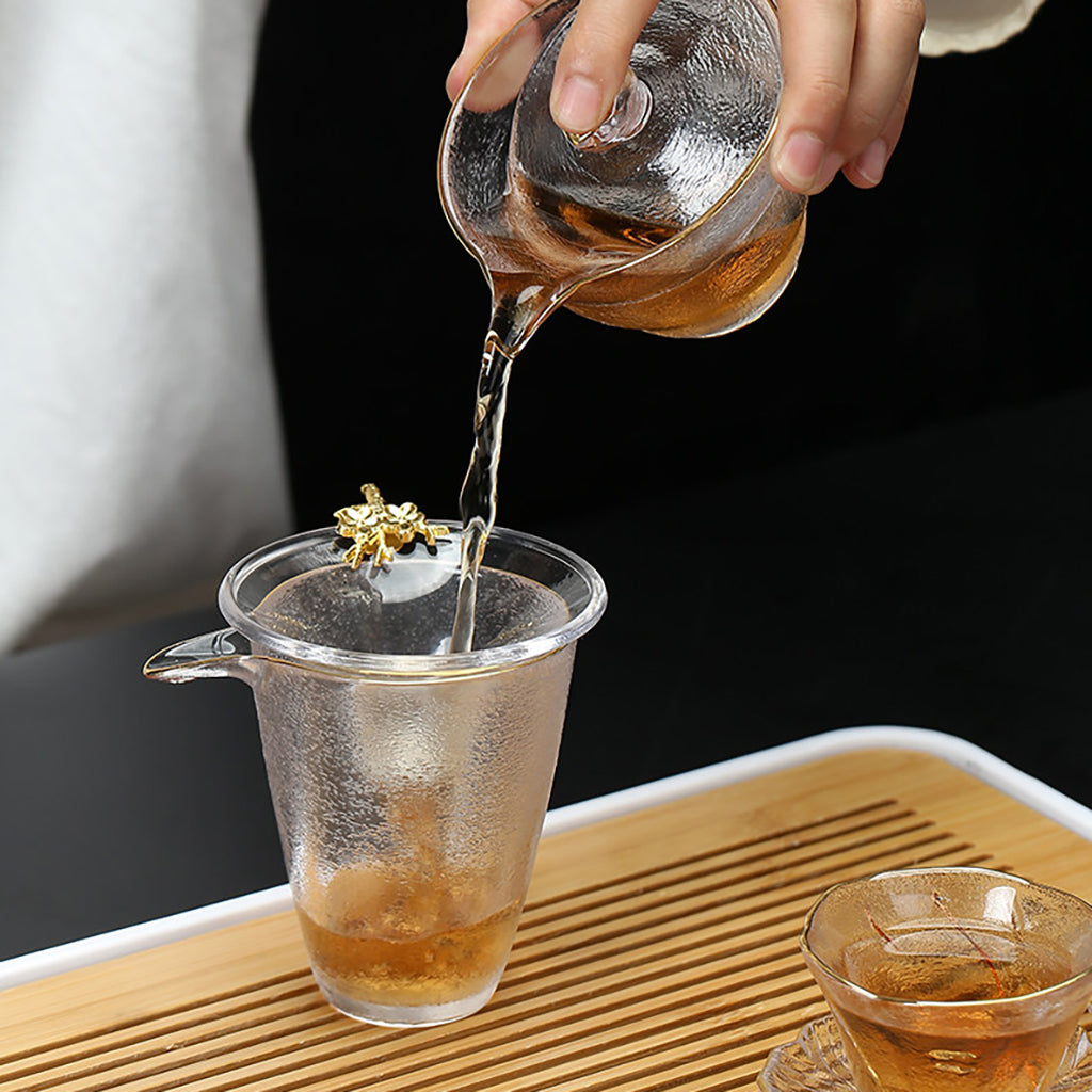 Glass Tea Set Borosilicate Gaiwan 6 Cups Ice Texture Plum Gold