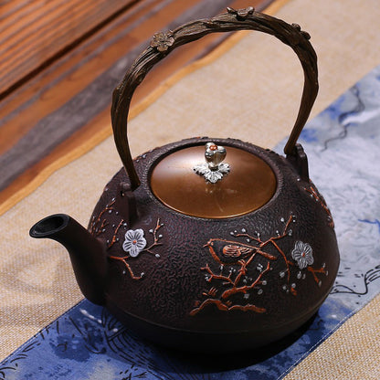 Cast Iron Teapot | Magpie Plum Carving, Copper Handle, 1200ml