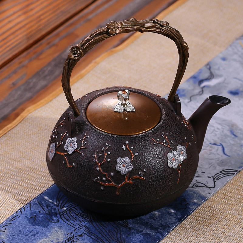 Cast Iron Teapot | Magpie Plum Carving, Copper Handle, 1200ml