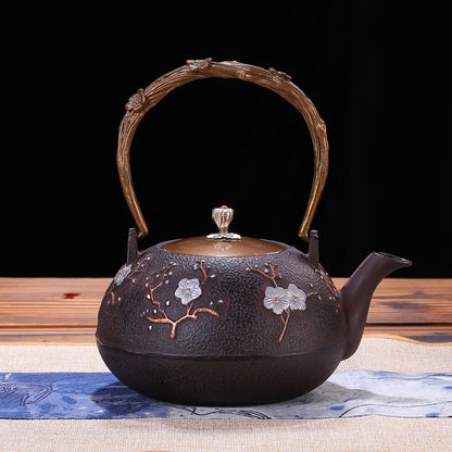 Cast Iron Teapot | Magpie Plum Carving, Copper Handle, 1200ml