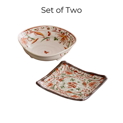 Japanese Ceramic Dish Set – Mino Ware Akae Red Butterfly