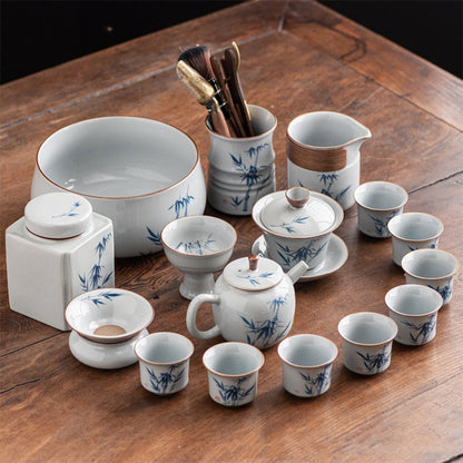 Hand-Painted Tea Set | Underglaze Bamboo Gongfu 8 Cups