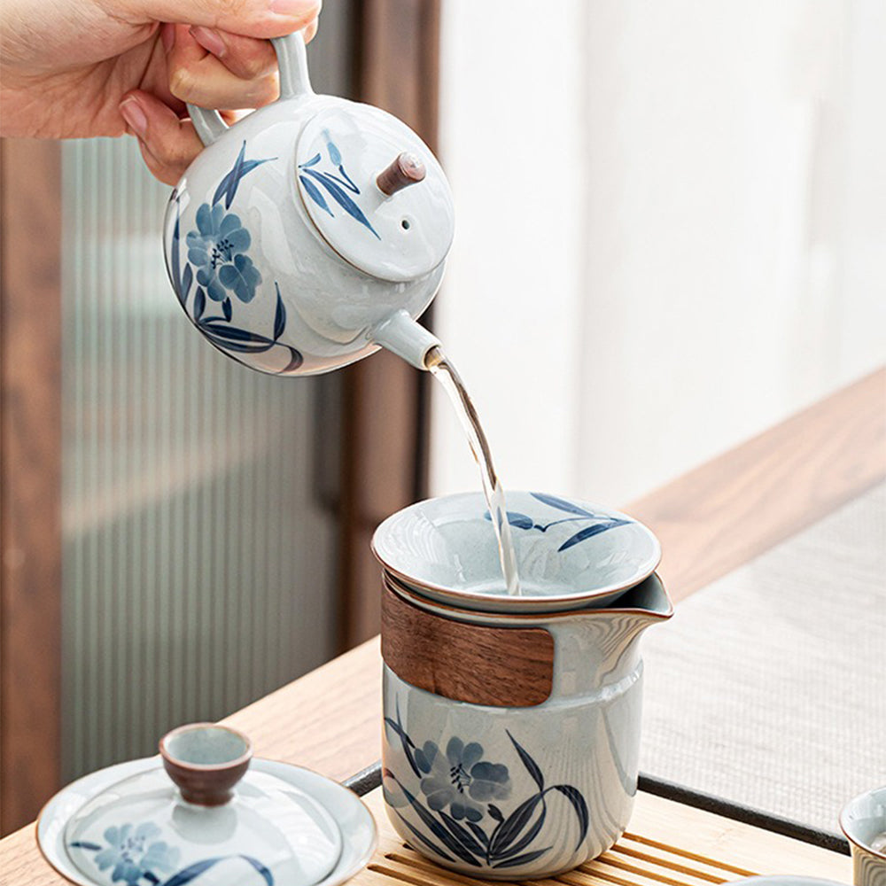 Hand-Painted Tea Set | Underglaze Bamboo Gongfu 8 Cups