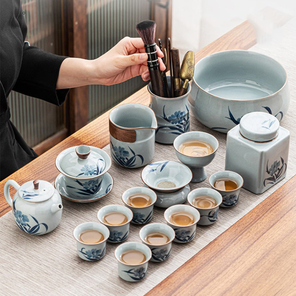 Hand-Painted Tea Set | Underglaze Bamboo Gongfu 8 Cups