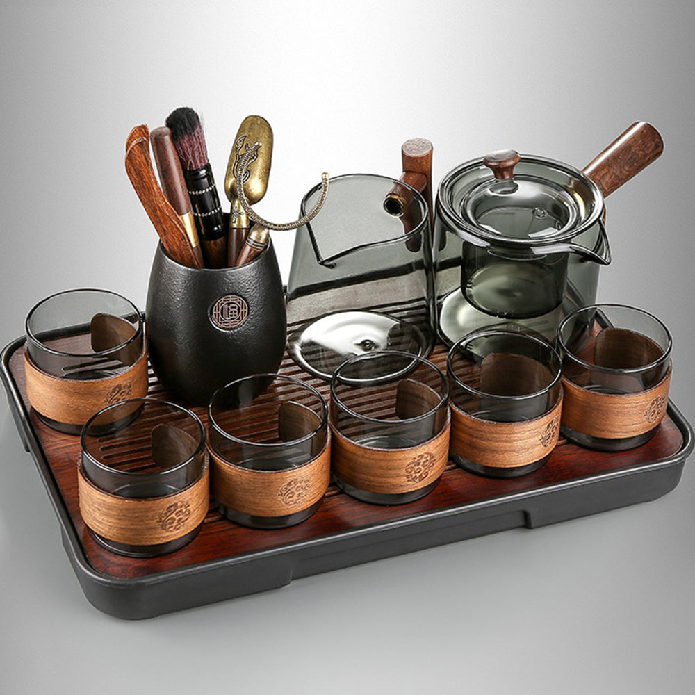Smoke Gray Glass Tea Set Walnut Wood Handle Tea Tray